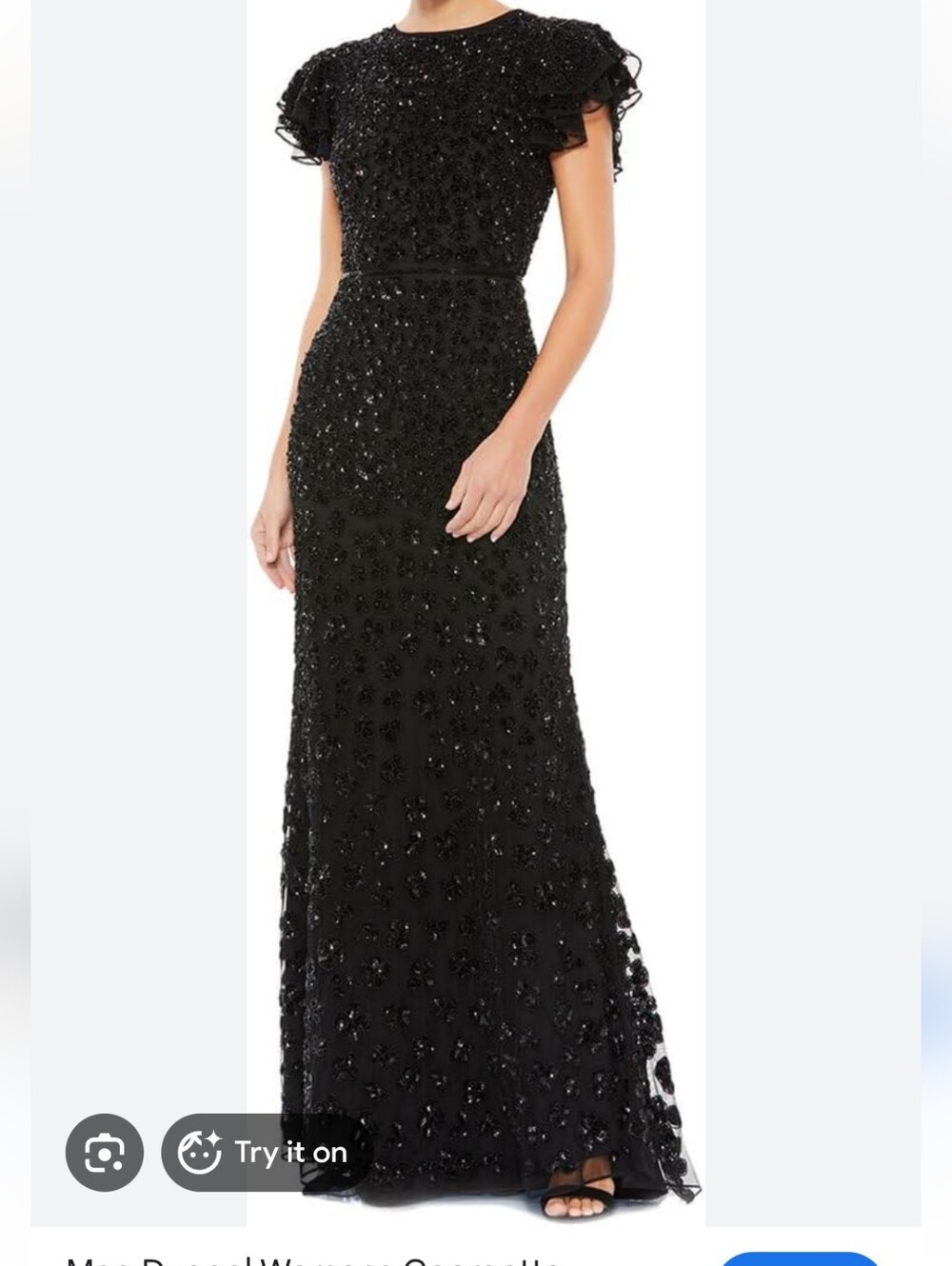 NWT $598 Mac Duggal Women's High Neck Flutter Cap Sleeve Gown In Black Sz 18